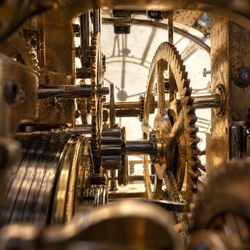 Brass gears inside an antique clock in warm daylight