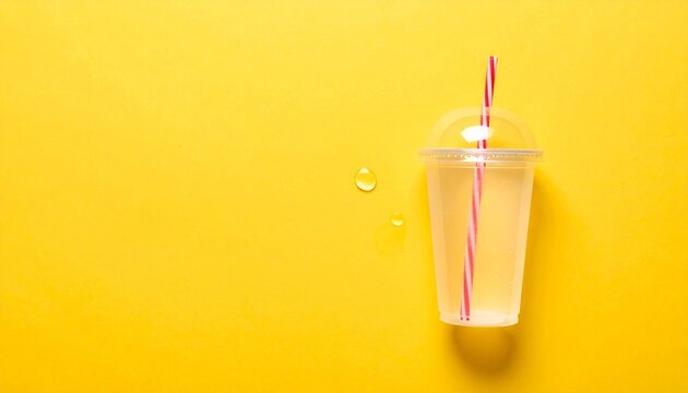 Clear plastic disposable cup with a red and white patterned drinking straw for cold drinks isolated on transparent background , PNG
