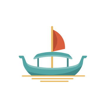 Stylized boat with red sail on water