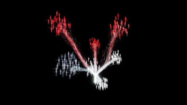 Radiant light burst sends luminous red and white fiber streams into distinct demographic figure clusters in a 3D animation