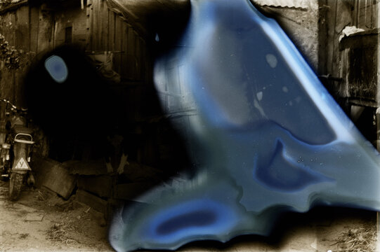 Abstract photo burn: damaged film texture with blue solarization effect