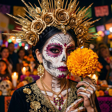 Woman with sugar skull makeup and golden crown holding a bright orange marigold flower celebrating day of the dead in mexico
