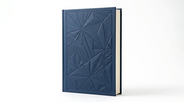 A dark blue hardcover book with an embossed geometric pattern on the front cover. customizable book cover 