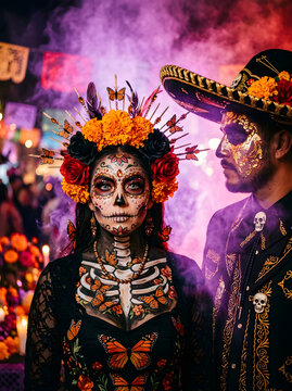 Couple dressed as skeletons with flowers and makeup for the day of the dead celebration in a dark colorful smoky street setting