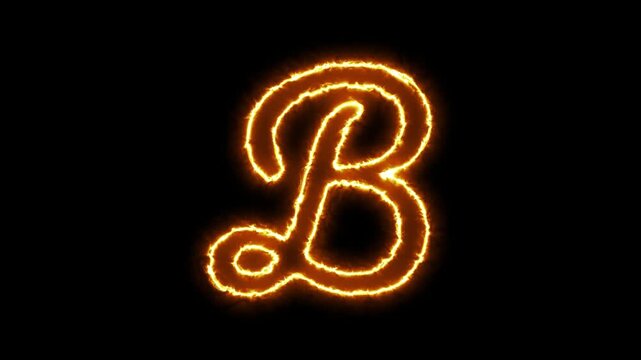 Fiery letter b animation: glowing orange neon calligraphy alphabet character isolated on black background