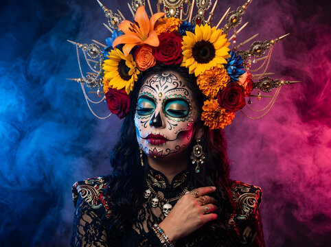 Woman with sugar skull face paint and flower crown celebrating day of the dead in colorful smoke with blue and pink neon light