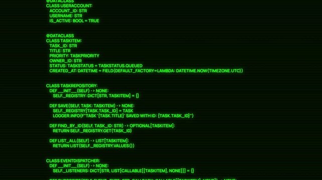 Green matrix terminal computer programming python code scrolling text animation