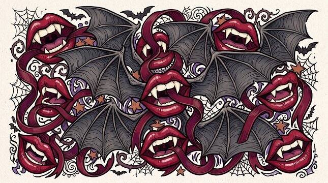 Spooky vampire lips and bat wings doodle background