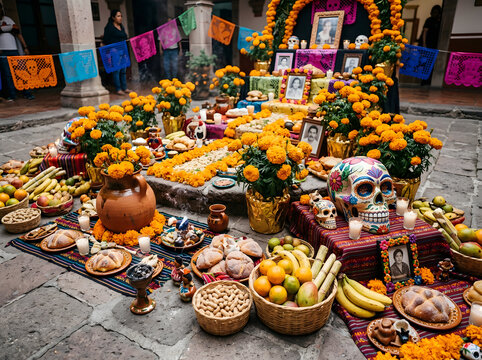 Traditional day of the dead altar decorated with marigold flowers orange fruit and sugar skull in a mexican courtyard setting