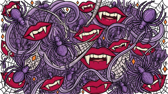 Halloween vampire lips and purple spiders pattern
