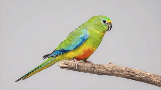 Colorful swift parrot perched on wooden branch chirping