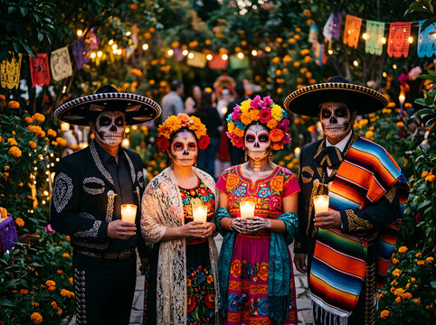 Group of people in colorful traditional costumes and skull face paint holding candles celebrating day of the dead in a garden