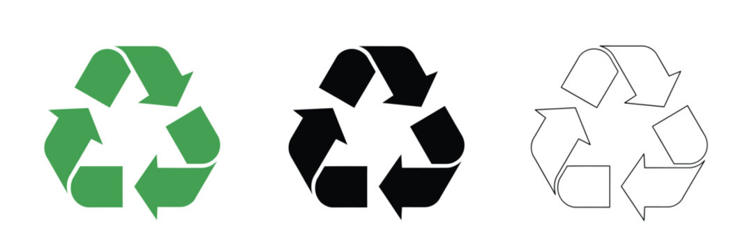 Recycle symbol icon set vector illustration, recycling arrows and environmental sustainability signs for eco conservation, waste reduction and packaging design.