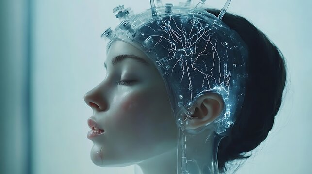 Futuristic woman wearing a translucent neural interface smart cap for advanced brain-computer communication and cognitive enhancement technology