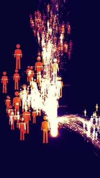 Vertical cascade of brilliant particle trails connecting clusters of human silhouettes to an illuminated energy emitter in a 3D animation