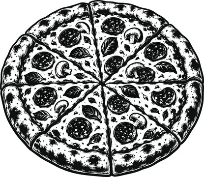 Original flat 2D black silhouette illustration of a whole pizza, isolated with a clean transparent background. Bold recognizable contour, simple vector construction and minimal detail for packaging, m