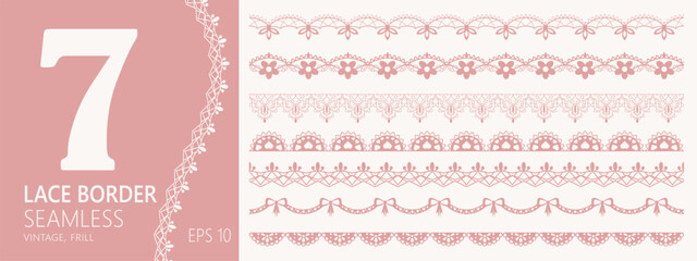 Naklejka na ściany i meble Line heart border with lace scallop vector for edge frame pattern. Cute pink floral with love ornate crochet for coquette frill doily. Geometric wave border with scallop lace stripe.