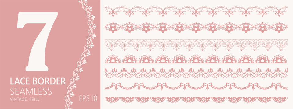 Line heart border with lace scallop vector for edge frame pattern. Cute pink floral with love ornate crochet for coquette frill doily. Geometric wave border with scallop lace stripe.