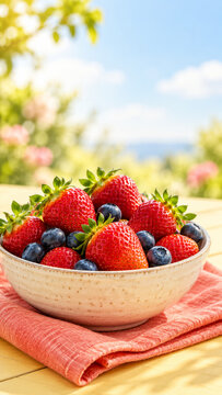 Frische Erdbeeren und Heidelbeeren in einer Keramikschale