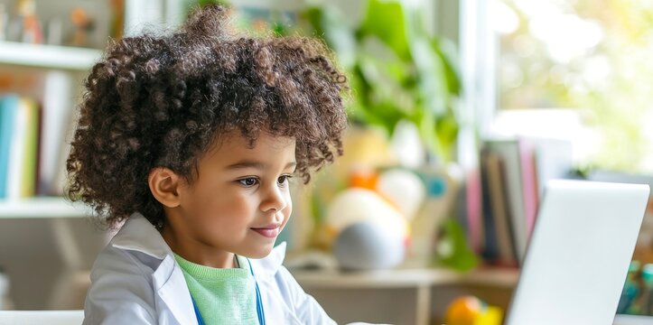 Young child wearing a lab coat and stethoscope using a laptop computer at home for learning