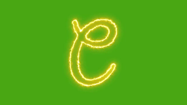 Glowing neon letter e animation on green screen, electric energy alphabet character for motion