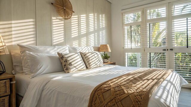 Freshly made bed featuring crisp white linen sheets, plump pillows, and soft natural morning light streaming through a nearby window for a serene bedroom.