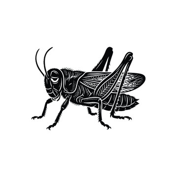 Black and white hand drawn illustration of a grasshopper insect in a detailed sketch style