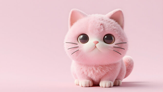 Adorable Fluffy Pink Kitten: A cute, fluffy pink kitten with big, expressive eyes sits on a pink background, exuding innocence and charm.
