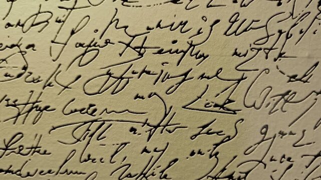Abstract closeup of vintage cursive handwriting in black ink on a beige parchment textured background for creative design projects.
