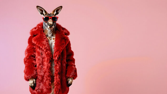 Kangaroo fashionista: A stylish kangaroo posing in a fluffy red coat and sunglasses, exuding an air of confidence and coolness. A true trendsetter in the animal kingdom!