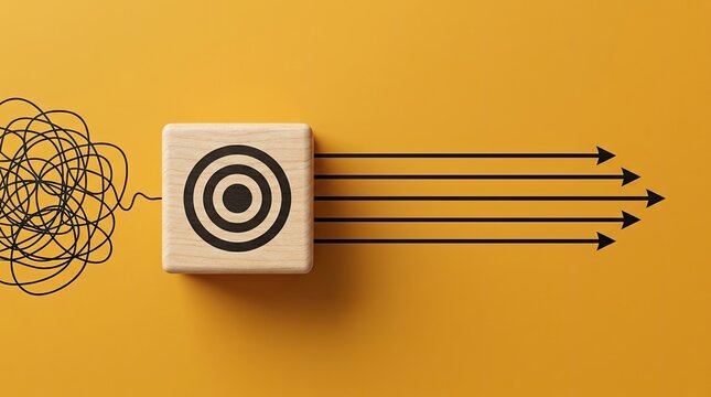 Conceptual block with bullseye target simplifying chaotic scribble into ordered straight lines.