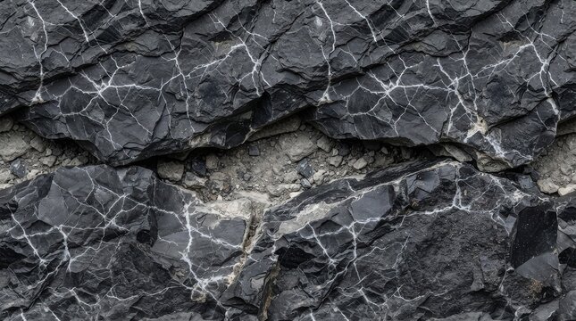 Detailed texture of dark gray fractured rock with white veins