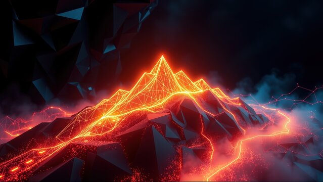 Low poly mountain landscape glows with vibrant orange lines. Dark background emphasizes geometric shapes, creating dramatic effect.