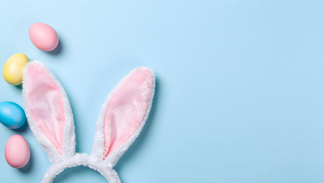 Easter Bunny Ears and Painted Eggs: A whimsical arrangement featuring fluffy bunny ears headband alongside colorful, pastel-painted Easter eggs scattered on a soft blue background.