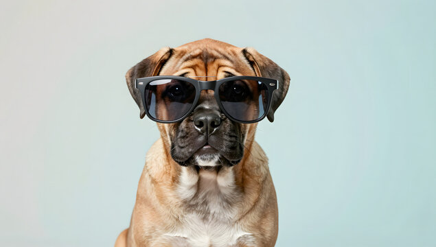 Cool Mastiff Dog Portrait: A charming Mastiff puppy wearing sunglasses poses confidently, its brindle coat and alert expression creating a playful and stylish portrait.