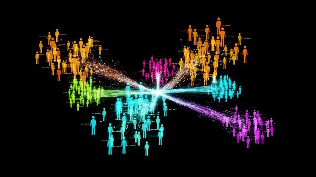 Multicolor streams of light radiate horizontally from a central point to multicolored clusters of human figures in a 3D animation