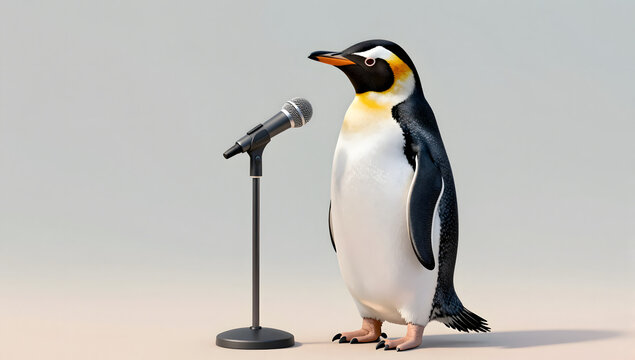 Penguin Stand-up Comedian: An emperor penguin stands confidently before a microphone, ready to deliver its punchline in a whimsical scene that blends nature with performance.