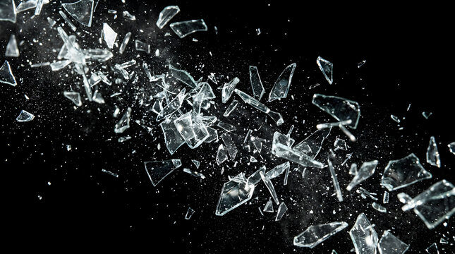 Falling fragments of shattered transparent glass on a black background