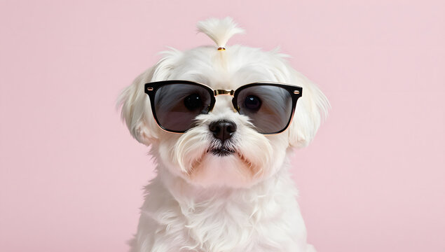 Chic Maltese Dog with Sunglasses: A fluffy white Maltese dog sporting stylish black sunglasses, with a tiny topknot, sits in front of a soft pink background, exuding a cool and trendy vibe.