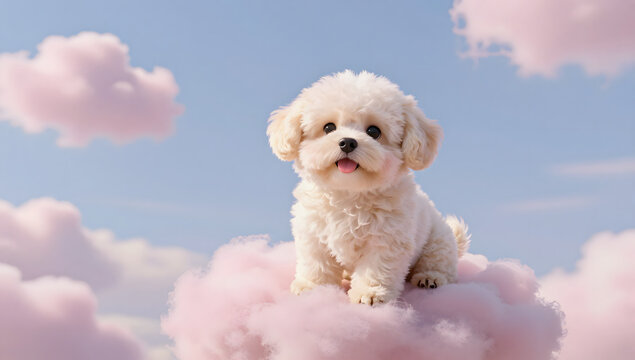 Fluffy Cloud Pup: A precious Bichon Frise puppy sits on a soft, fluffy pink cloud against a serene blue sky dotted with more clouds, exuding an aura of innocence and delight.