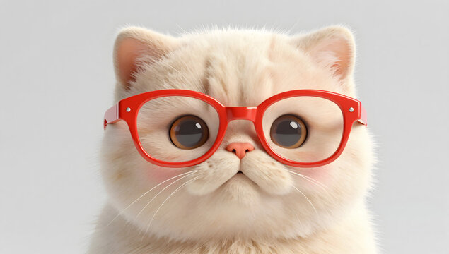 Nerd Cat with Glasses: A cute, fluffy feline adorned with stylish red spectacles, its wide, curious eyes gazing directly at the viewer, exuding an adorable intellectual charm.