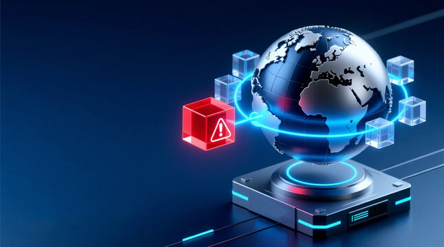 Tracking global logistics bottlenecks in 3D supply chain disruptions tech illustration displaying earth pedestal data cubes in futuristic modern digital view.