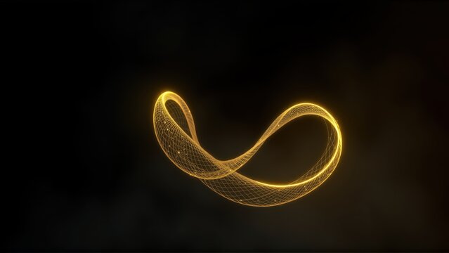 Golden loop floats against dark backdrop. Light creates mesh texture, suggesting energy or connection. Minimalist design, elegant form.