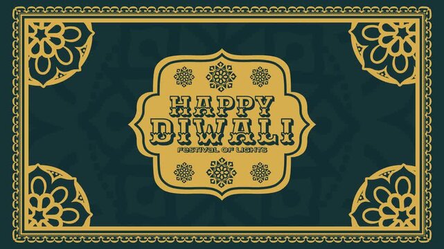 Vintage 4K looping Diwali animation featuring gold typography, mandalas, and ornate frame on dark green background. Ideal for greetings, video banners, event backdrops, and social media ads.
