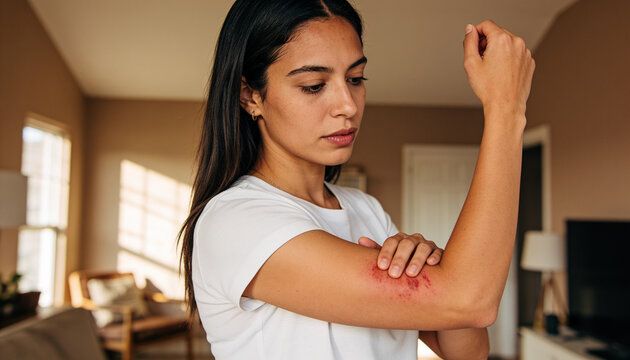 Young Hispanic woman examining red skin rash on arm in modern living room warm natural light concerned expression