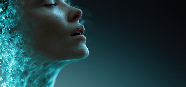 A face composed of glowing turquoise shards disperses against a dark gradient, symbolizing digital transformation.