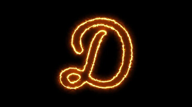 Glowing fire letter d animation, burning alphabet character with realistic flame effect on black background