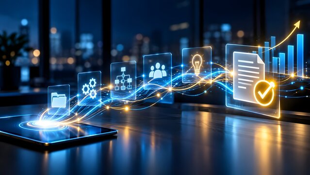 Digital workflow automation and business process management concept with glowing data streams from a tablet
