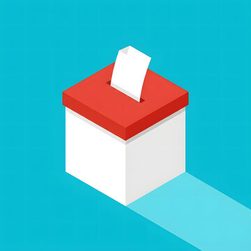 Isometric illustration of a ballot box with a paper vote being inserted for an election or public opinion poll on a blue background