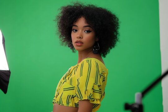 Young woman with curly hair wearing a yellow patterned top posing in front of a green screen
